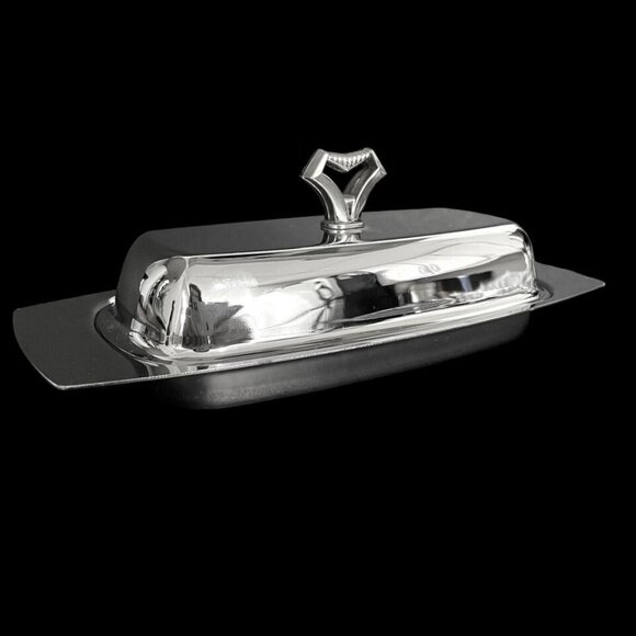 Vintage 1950s Kromex Chrome Covered Butter Dish with Glass Insert - Made in USA - Picture 2 of 10